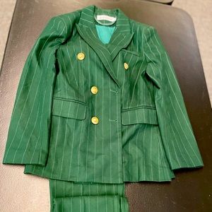 Double-breasted green striped pants suit